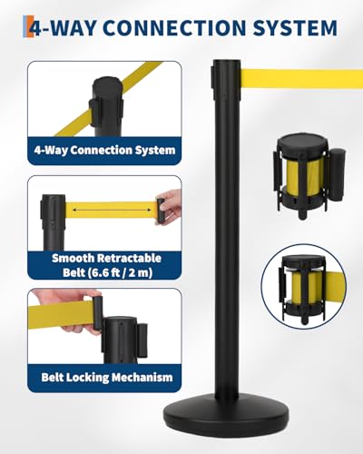 6-Pack Crowd Control Barrier, Metal Stanchion Posts with 6.6ft / 2m Retractable Belts & Metal Base, Commercial Line Dividers for Stores, Airport Lines and Event Entry (Yellow Rope) - size: 6-Pack