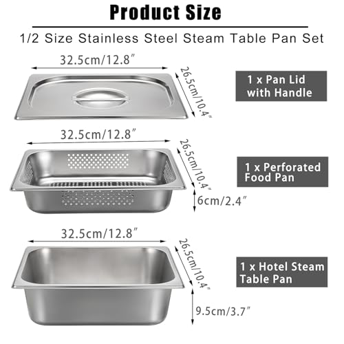 BSTKEY Stainless Steel Hotel Pans Half Size, 4 Inch Deep Steam Table Pan with Perforated Steam Tray and Lid, Warmer Breading Tray Food Pans for Kitchen Restaurant Supplies