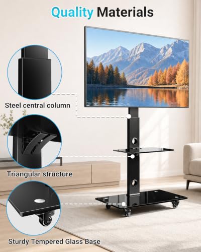 BONTEC Rolling TV Stand for 30-75 Inch TVs, Mobile TV Cart with Wheels - color: Black, size: 30-75 IN