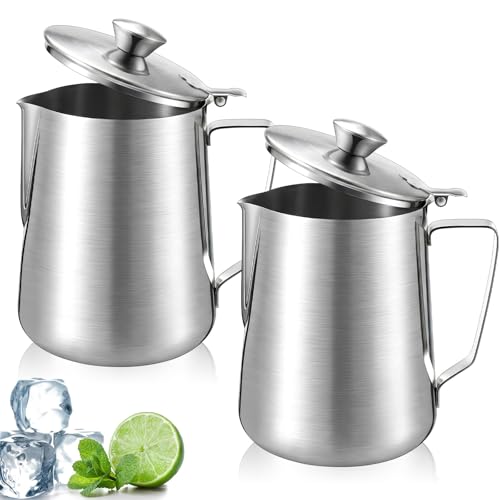 2 Pcs 33 Oz/ 1 L 304 Stainless Steel Pitcher with Lid Milk Frothing Jug - size: 33 oz/ 1 L