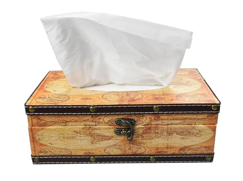 Wood Tissue Box Cover with PU Leather & Vintage Pattern - Rectangle Decorative Tissue Holder for Home, Car, Office, Bathroom, Desk - Fits Standard Medium Tissues with Lid (Yellow map) - color: Yellow Map