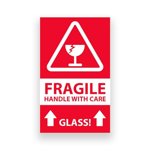 Fragile Glass Handle with Care Shipping Labels – 3" x 5", Red, Semi-Gloss, Permanent Adhesive, Warning Labels – Glass Packaging, Handling & Shipping Use – 500 Labels per Roll | LabelValue