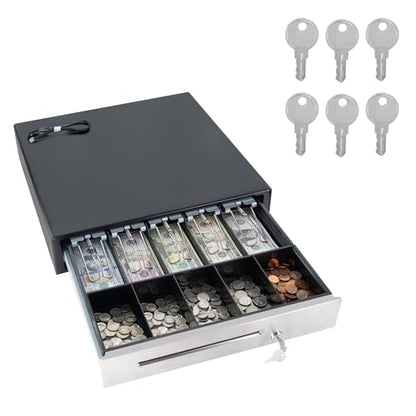HK SYSTEMS BSM 16inch Cash Drawer for POS, No Logo, Black, DC 24V/Micro Switch, RJ12, 1slot, Removable and Adjustable cash tray 5-bill/5-coin Metal wire gripper, 6Keys #135, Stainless Steel front - size: 1. POS CASH DRAWER