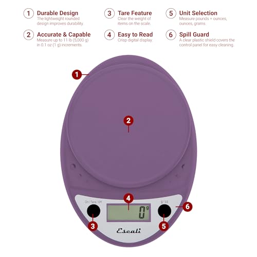 Escali Primo Digital Food Scale Multi-Functional Kitchen Scale and Baking Scale for Precise Weight Measuring and Portion Control, 8.5 x 6 x 1.5 inches, Lavender - color: Lavender
