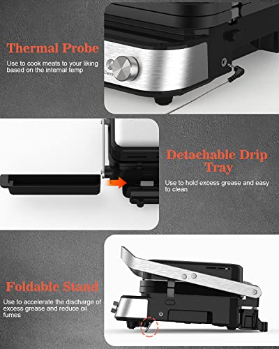 CATTLEMAN 6 in 1 Panini Press Grill with Removable Waffle Plates, 1600W - color: Silver with Waffle Plates