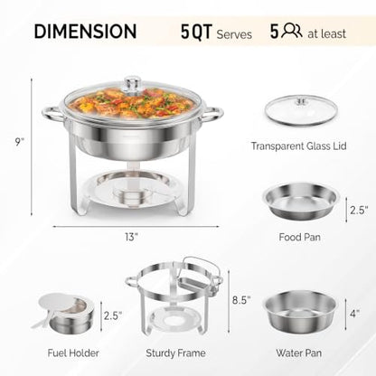ROVSUN 5 Qt 6 Pack Chafing Dishes for Buffet, Stainless Steel Round Chafers for Catering, Buffet Servers and Warmers Set with Glass Lid & Lid Holder, Stackable Design for Wedding Party Event - size: 6 Pack
