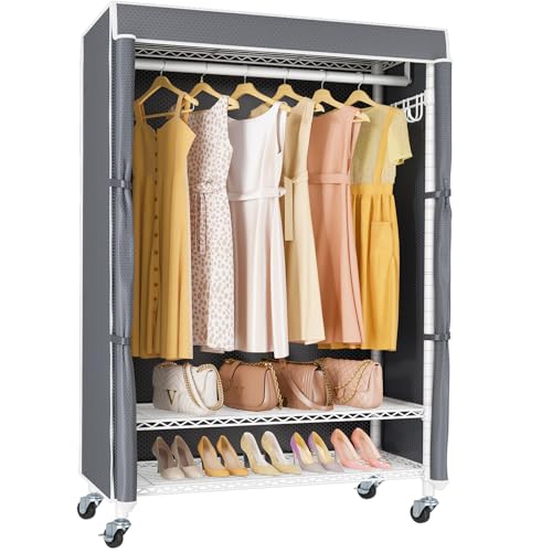 VIPEK R3C Covered Clothing Rack for Hanging Clothes Rolling Closet - color: White Rack with Gray Cover, size: R3C