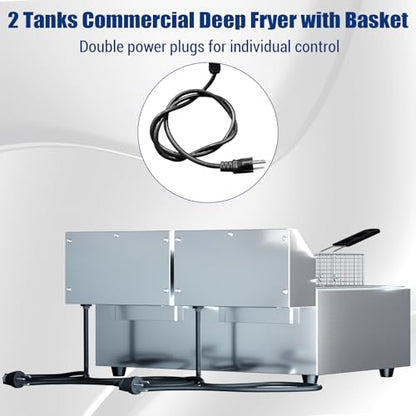 23 QT Commercial Deep Fryer with Double Baskets and Lid, Electric Stainless Steel Countertop Commercial Oil Fryer, Adjustable Temperature Control, for Kitchen and Restaurant