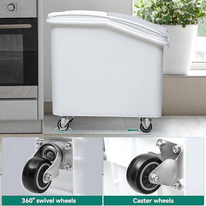 YITAHOME Commercial Rice Container Set of 2, Large Ingredient Storage Bin with Wheels, Lid, Cups & Scoop for Kitchen/Restaurant, 21 & 27 Gallon Bulk Flour Bin, White