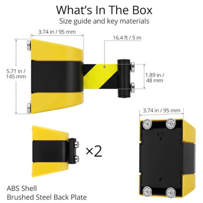 QWORK 2 Pack Magnetic Wall Mount Retractable Belt Barrier 15ft Yellow ABS Case – Heavy Duty Safety Line for Warehouse Aisles, Loading Bays & Hallways – Retractable Crowd Control Barrier