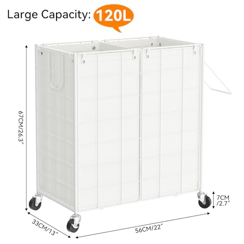 WOWLIVE Double Laundry Hamper with Wheels, Metal Rolling Laundry Basket - color: White, size: 120l