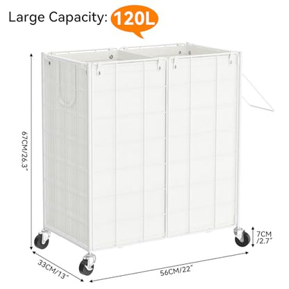 WOWLIVE Double Laundry Hamper with Wheels, Metal Rolling Laundry Basket - color: White, size: 120l