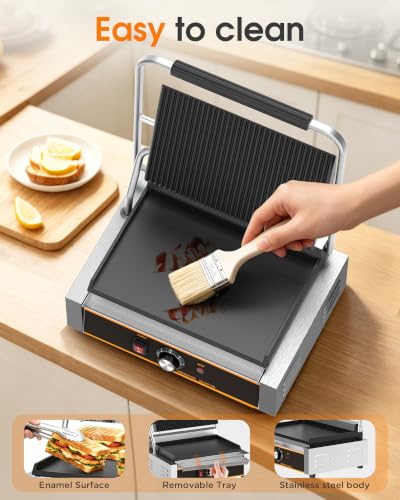 Commercial Panini Press - 2200W Electric Panini Sandwich Grill w/Nonstick Coating & Adjustable Temp, Panini Grill Press w/14"x9" Cooking Pan (Grooved Top & Flat Bottom), Double-sided Heating - style: 14"x9" Grooved top, flat bottom