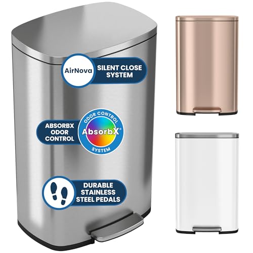 iTouchless 13.2 Gallon / 50L Step Trash Can with Lid | AbsorbX Odor Filter - color: Brushed Silver