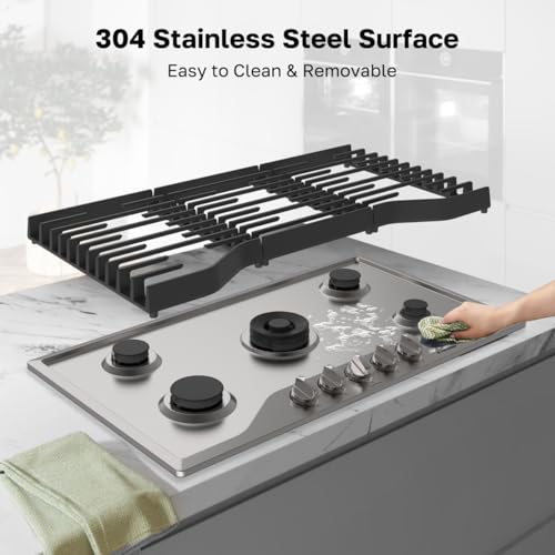 ThermoMate Heavy 36 Inch Gas Cooktop with 5 Italy Sabaf Power Burners, Built In Stove Top of 304 Stainless Steel, Gas Hob NG/LPG Convertible, Cooker with Thermocouple Protection CSA Certified - size: 36 inch 5 burners