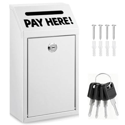 Cash Money Box with Slot – 10.2In Metal Donation Box with Lock for Cash Deposit,Wall Mounted Money Drop with Lock and Slot for Home/Farm/Office/Outdoors (White) - color: White