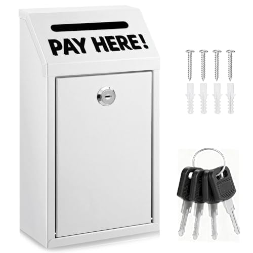Cash Money Box with Slot – 10.2In Metal Donation Box with Lock for Cash Deposit,Wall Mounted Money Drop with Lock and Slot for Home/Farm/Office/Outdoors (White) - color: White
