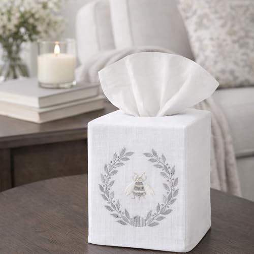 Jacaranda Living Square Tissue Box Cover, Linen/Cotton Fabric Tissue Holder, Decorative Cloth Tissue Cube Cover, Nature Designs Napoleon Bee Wreath (Pewter) - color: Napoleon Bee Wreath (Pewter)