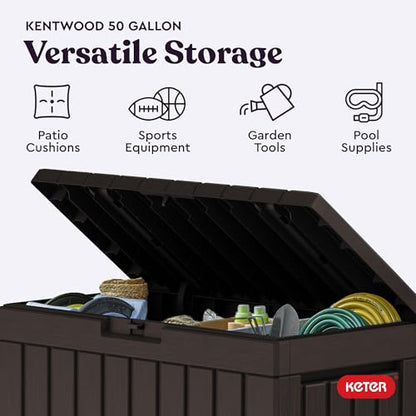 Keter Kentwood 50 Gal Outdoor Storage Box and Patio Side Table - color: Brown
