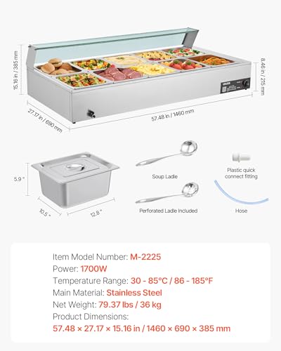 VEVOR Commercial Food Warmer, 1700W Electric Stainless Steel Steam Food Warmer with Glass Cover, 10-Pan Countertop Buffet Bain Marie with Soup & Perforated Ladles, for Catering, Restaurant & Party - size: 10x1/2Pan;120QT