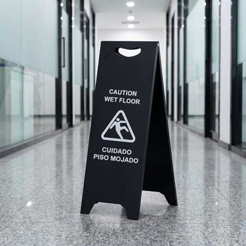 Bilingual Caution Wet Floor Sign, Foldable A-Frame Stand Commercial Grade - color: black