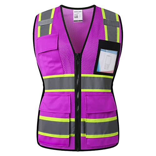 Safety Vest for Women High Visibility Vest with 8 Pockets and Front Zipper Mesh Reflective Vest Meets ANSI/ISEA Standards(Purple-17, Large) - color: Purple-17, size: Large