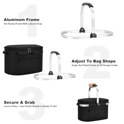 ALLCAMP Picnic Basket, 22L Insulated Cooler Foldable, Thick, Black - color: Jet Black, size: Medium