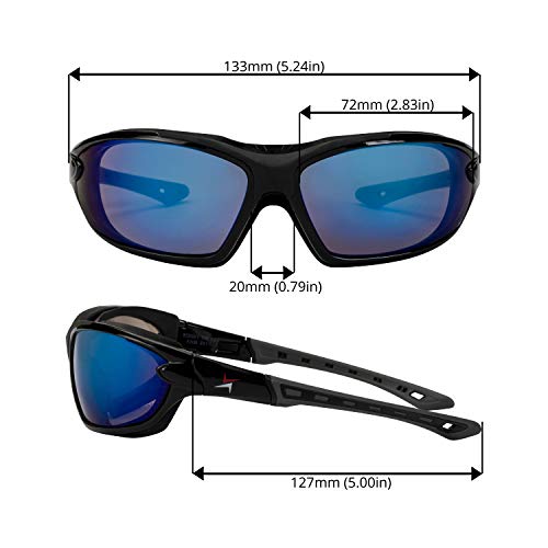 X Power ANSI Z87+ Safety Sunglasses Impact Resistant Polycarbonate Lens & Double Injection Frame - color: 001 Black & Grey Frame / Blue White Mirror Lens
