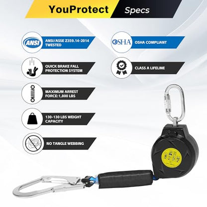 11FT Self Retracting Lifeline Fall Protection Retractable Lanyard, Fall Arrest Safety Yoyo for Construction Industrial - OSHA/ANSI Compliant (Large Hook) - color: Large Hook, size: 11FT