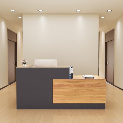L-Shaped Reception Desk with Lockable Drawers, Adjustable File Cabinet & Keyboard Tray, Modern Front Counter for Office, Salon, or Lobby - color: Left-l Natural Wood/Slate Gray, size: 86.6''L x 23.6''W x 41.3''H
