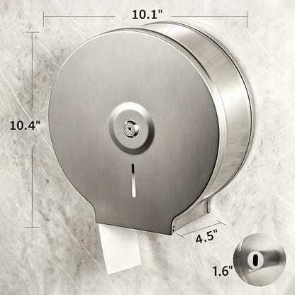Commercial Jumbo Toilet Paper Dispenser, Brushed Stainless Steel Large Roll Bathroom Tissue Holder Wall Mount, 9” Diameter Lockable Dispenser with Key for Business Restrooms - color: Brushed Silver