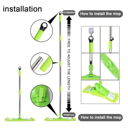 Dust Mop for Hardwood Floors,Wet Dry Flat Mop，2 Pads,Long Handle,Green - color: Green