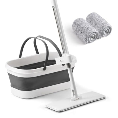 Oshang Flat Mop and Collapsible Bucket OG7 with Wheels, 2 Washable Reusable Microfiber Pads, Pure White - color: Pure White