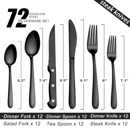 Pleafind 72Pcs Black Silverware Sets for 12 - Dishwasher Safe, Stainless Steel Cutlery Set with Steak Knives, Flatware Set, Include Forks Spoons and Knives Set, Utensil Sets for Home Restaurant - color: Black, size: 72P