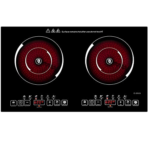 24 Inch 2 Burner Electric Cooktop, 110V Portable Ceramic Electric Stove, 2200W Adjustable Countertop Electric Hot Plate, Dual Burner Electric Cooker for Home Cooking(2 Burner Countertop round)