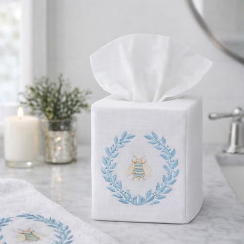 Jacaranda Living Square Tissue Box Cover, Linen/Cotton Fabric Tissue Holder, Decorative Cloth Tissue Cube Cover, Embroidered Bee Designs, Napoleon Bee Wreath (Duck Egg Blue) - color: Napoleon Bee Wreath (Duck Egg Blue)