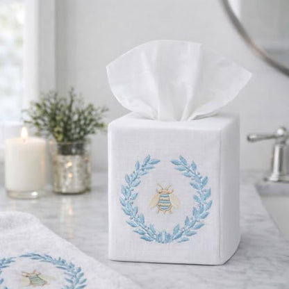 Jacaranda Living Square Tissue Box Cover, Linen/Cotton Fabric Tissue Holder, Decorative Cloth Tissue Cube Cover, Embroidered Bee Designs, Napoleon Bee Wreath (Duck Egg Blue) - color: Napoleon Bee Wreath (Duck Egg Blue)