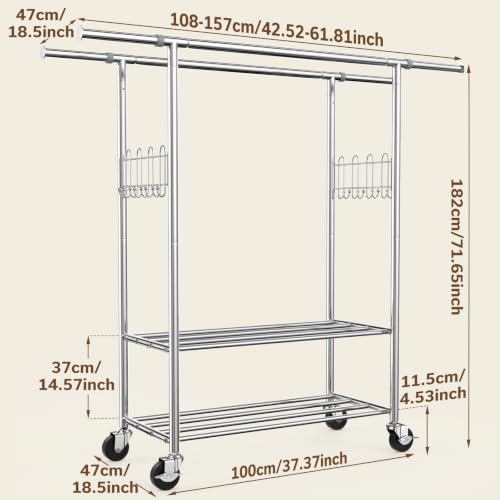 100% Stainless Steel Heavy Duty Clothes Rack Load 960LBS, Double Rod Clothing Rack for Hanging Clothes with Reinforced Rubber Rings, Extendable Rolling Garment Racks W/ Portable Wheel & Sturdy Shelves - color: Silver, style: 2 Double Bar