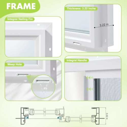 3.22" Thickness 32" x 18" Vinyl Sliding Basement Window,Low-E Glass with Argon Gas,Double-Pane Insulated Tempered Clear Glass,Half Screen Included,White - size: 32"x18"