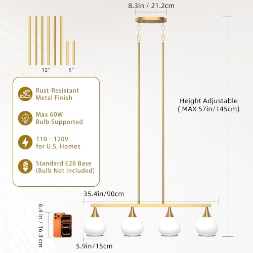 Phaosio Brushed Gold Kitchen Island Linear Pendant Light, 4-Light - color: Gold (White Glass Shades), size: 4-Light