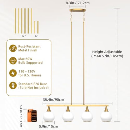 Phaosio Brushed Gold Kitchen Island Linear Pendant Light, 4-Light - color: Gold (White Glass Shades), size: 4-Light