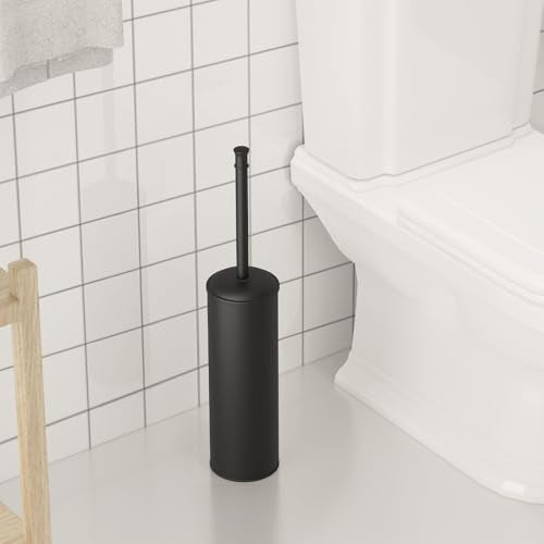 BESy Toilet Brush and Holder, Toilet Cleaner Bowl Set with Two Brush with Extra Long Handle, Durable Bristles Toilet Scrubber and Covered Holder, Drip-Proof Stainless Steel Matte Black - color: Matte Black