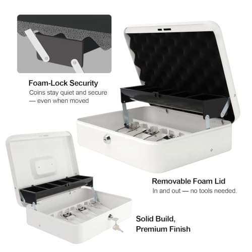 Cash Box with Key Lock – 0.7mm Steel Cash Drawer with Money Bag & Auto-Pop Coin Tray, 4 Upgraded Finger-Safe Bill Clips, Portable Register for Vendors, Business & Home, 11.8" x 9.5" x 3.5", White - color: White