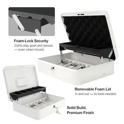 Cash Box with Key Lock – 0.7mm Steel Cash Drawer with Money Bag & Auto-Pop Coin Tray, 4 Upgraded Finger-Safe Bill Clips, Portable Register for Vendors, Business & Home, 11.8" x 9.5" x 3.5", White - color: White