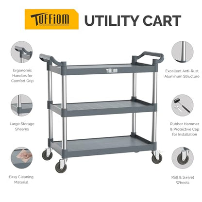 TUFFIOM Plastic Service Utility Cart with Wheels,Heavy Duty 450lbs Capacity, 3-Tier Commercial Rolling, Ideal for Restaurant, Foodservice, Office, Warehouse, Gray 39.8''L x 19.1''W x 38.4''H - size: Gray 39.8''L x 19.1''W x 38.4''H