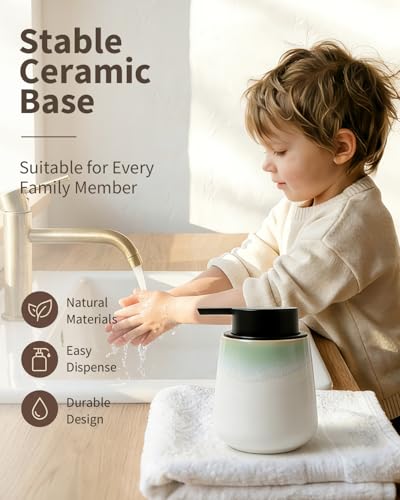 BosilunLife Ceramic Soap Dispenser - Dish Soap Dispenser for Bathroom 12Oz - color: White With Blue-green Rim