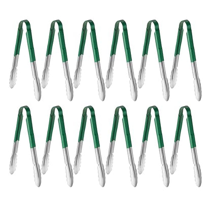 New Star Foodservice 12 Inch Utility Spring Tongs, Set of 12, Commercial Restaurant Grade Stainless Steel Tongs with Green Vinyl Coated Handles - color: Green, size: 12-Inch