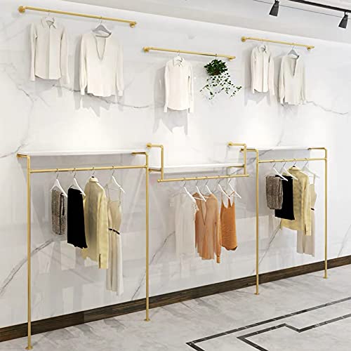 Modern Simple Industrial Pipe and Wood Garment Rack,Wall Mounted Hanging Rods Clothing Rack,Retail Display Storage Clothes Hanging Shelves (Gold, 59" L) - size: 59" L