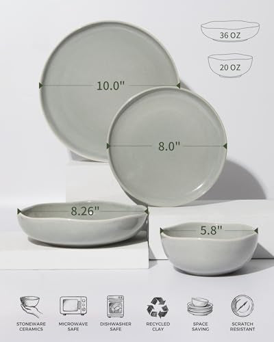 Pokini Stoneware Dinnerware Sets for 8, 32Pcs Ceramic Plates and Bowls Sets - color: Dusty Green, size: Set (32pcs)