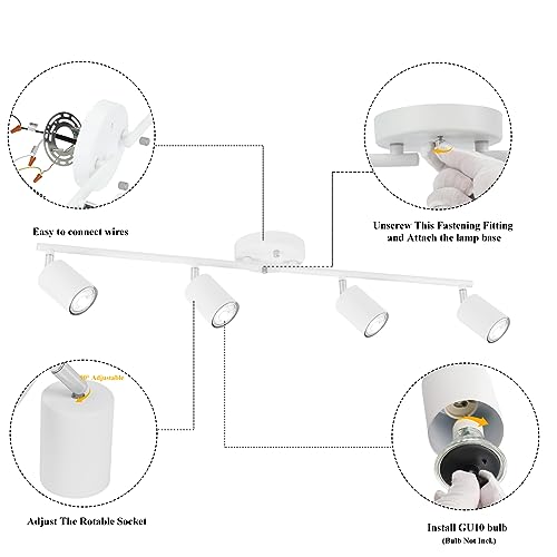 BoostArea LED 4 Light Track Lighting Kit, White 4 Way Ceiling Spot Lighting, Flexibly Rotatable Light Head for Kitchen, Living Room, Bedroom, Bulb Not Included - color: 4 Light-white